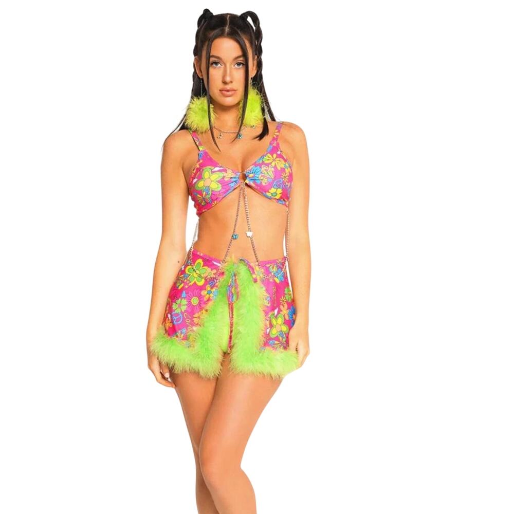 I Heart Raves Neon Vibrant Tie Front Plur Green Feather Trim Mini Skirt XS